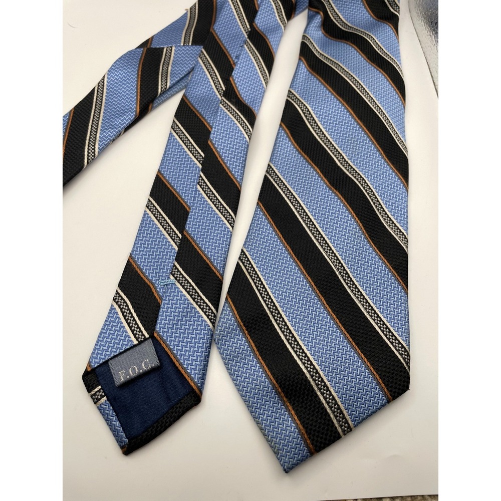 Forsyth of Canada Mens Silk Necktie Blue Black White Copper Diagonal Stripe Tie